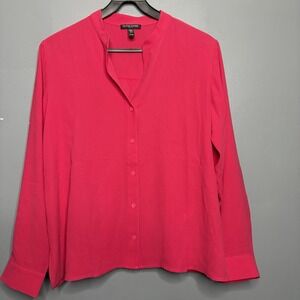Eileen Fisher 100% Silk Button Up Pink Collared Shirt Size PM Basic Staple